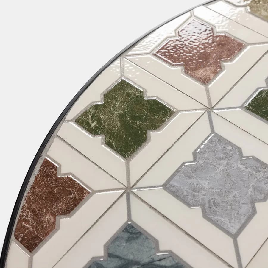 Tavolo da giardino rotondo 60 cm in metallo nero con mosaico geometrico in ceramica - Otranto