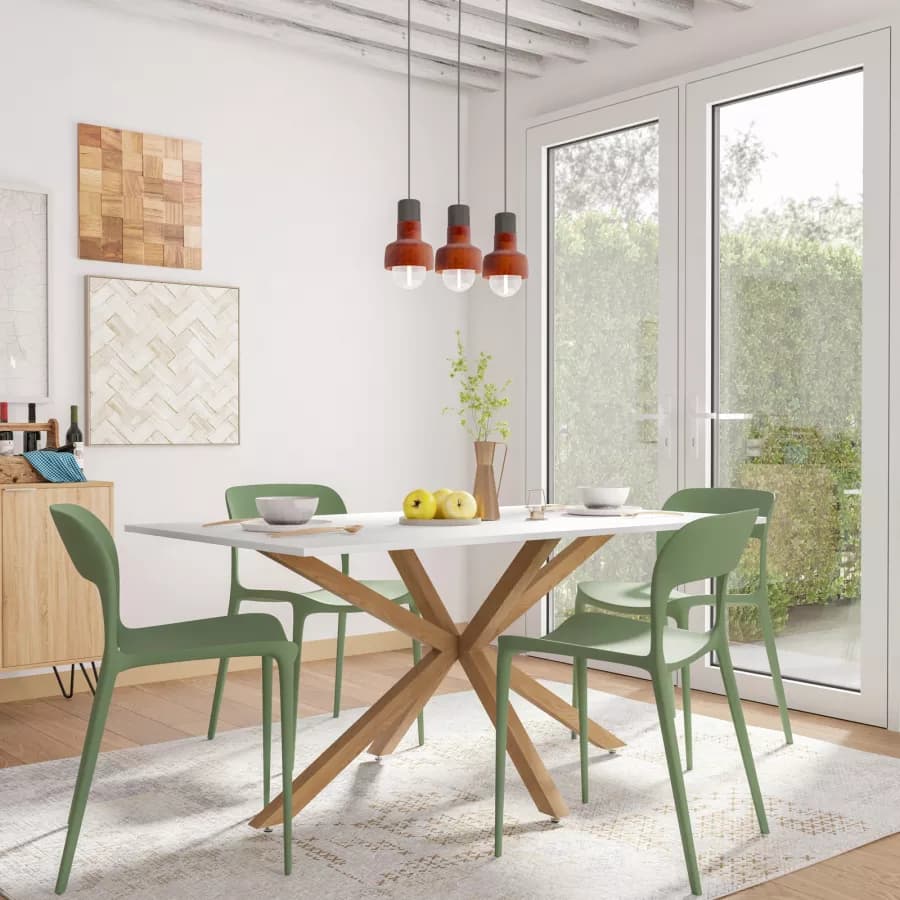 Tavolo 160x90 cm top bianco e gambe incrociate in metallo effetto rovere chiaro - Focal