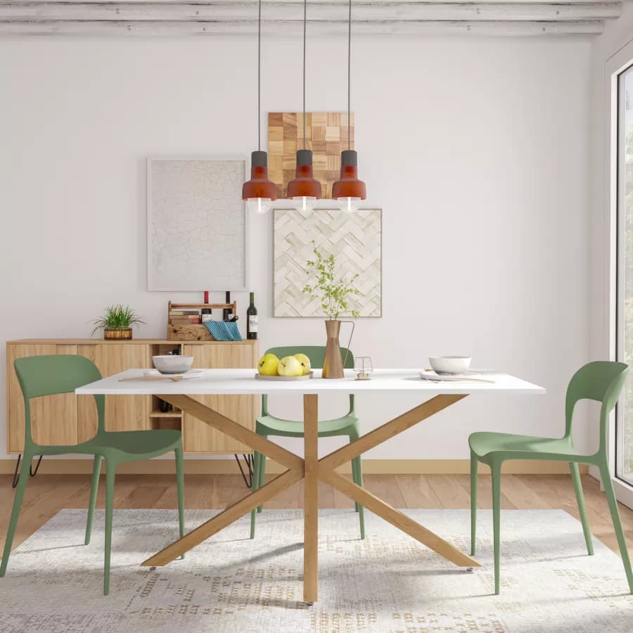 Tavolo 160x90 cm top bianco e gambe incrociate in metallo effetto rovere chiaro - Focal