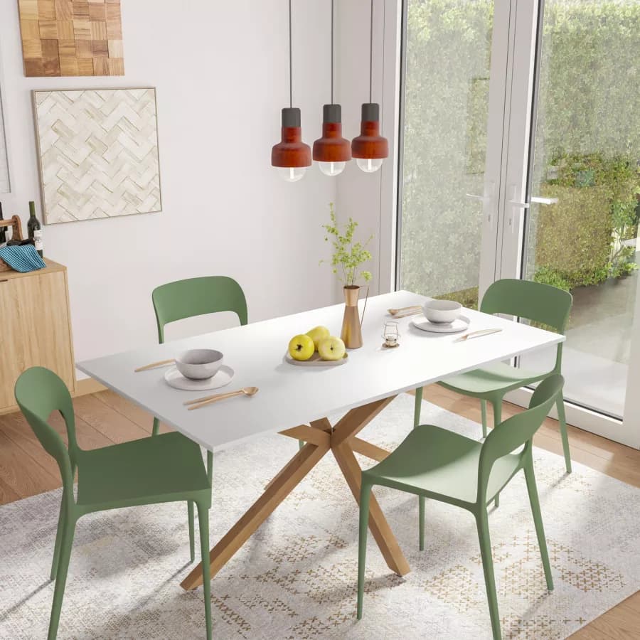 Tavolo 160x90 cm top bianco e gambe incrociate in metallo effetto rovere chiaro - Focal