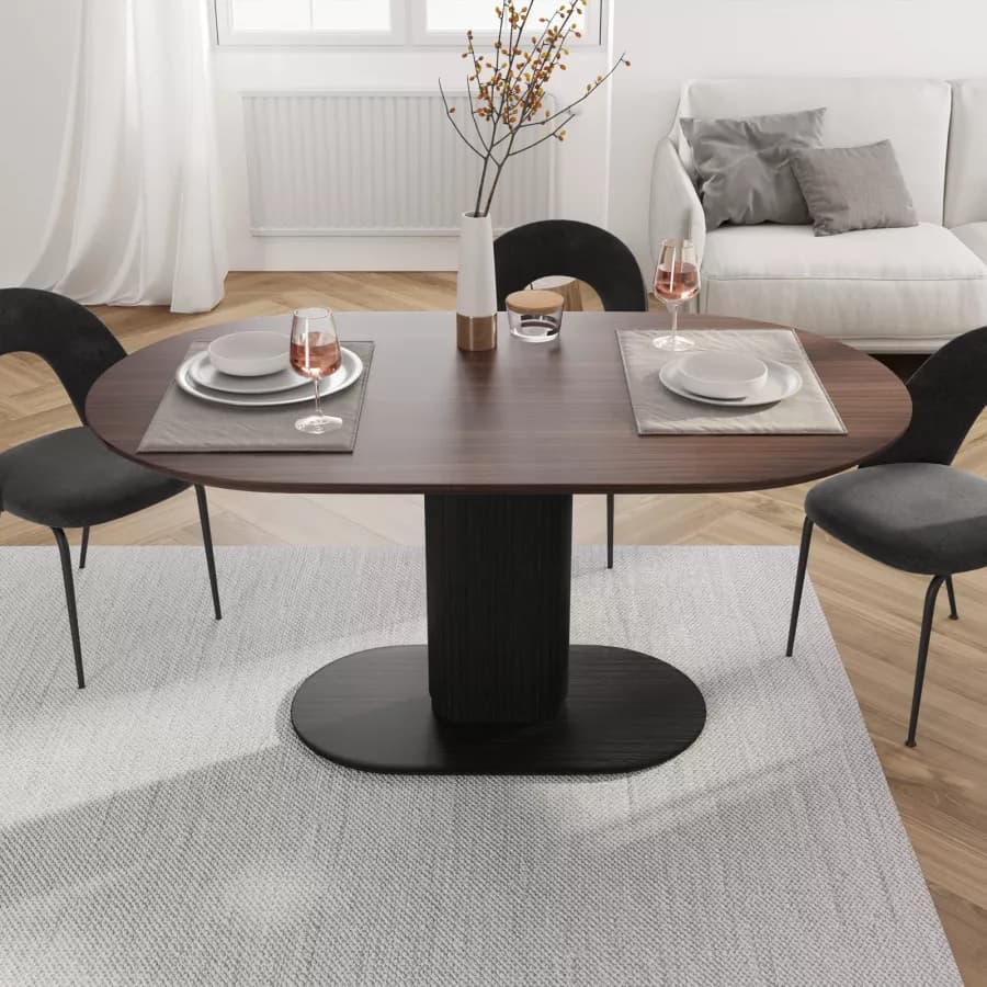 Tavolo da pranzo ovale 180x90 cm top in legno con gamba centrale e base in metallo nero - Raynold