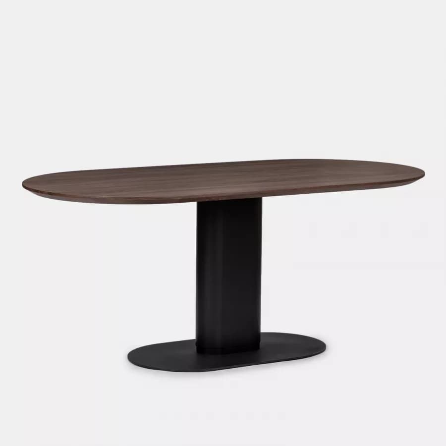 Tavolo da pranzo ovale 180x90 cm top in legno con gamba centrale e base in metallo nero - Raynold
