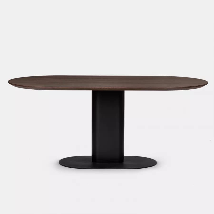 Tavolo da pranzo ovale 180x90 cm top in legno con gamba centrale e base in metallo nero - Raynold