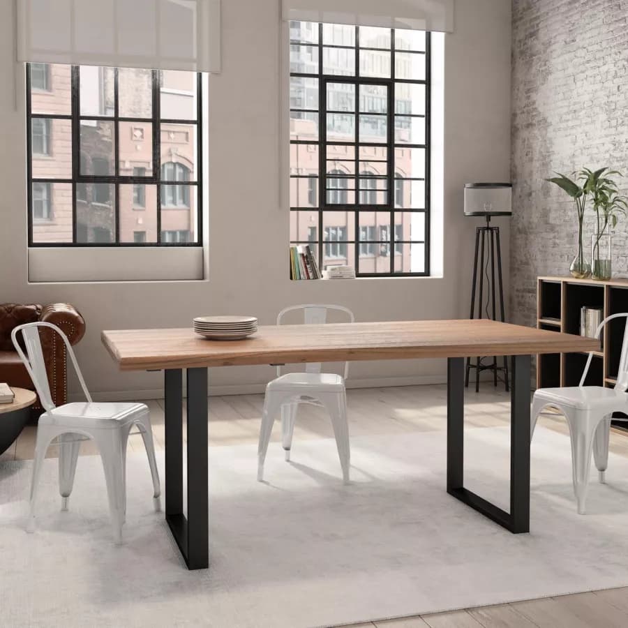 Tavolo 180x90 cm piano in legno di acacia 55 mm e gambe a U 5x5 in metallo nero - Freia Acacia