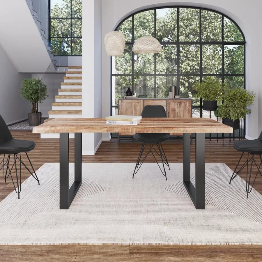 Tavolo 180x90 cm piano in legno di acacia 55 mm e gambe a U 8x4 in metallo nero - Freia Acacia
