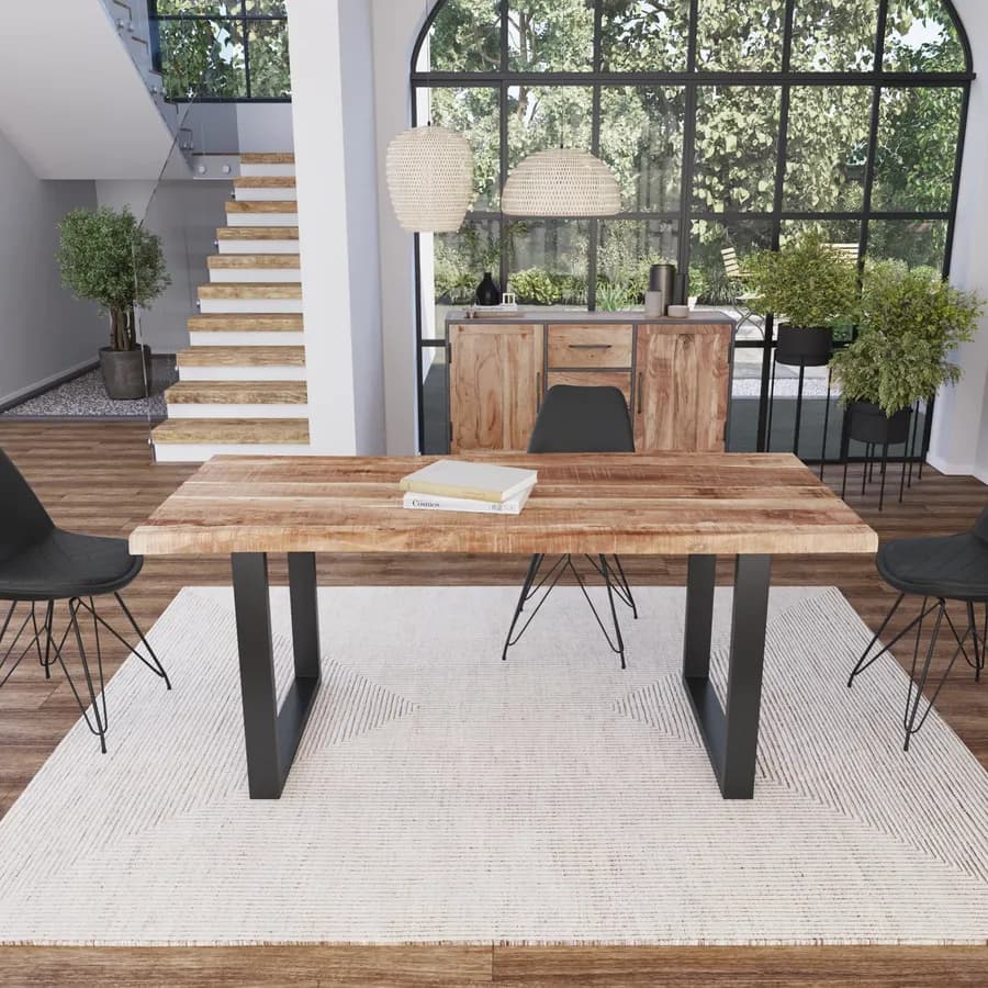Tavolo 180x90 cm piano in legno di acacia 55 mm e gambe a U 8x4 in metallo nero - Freia Acacia