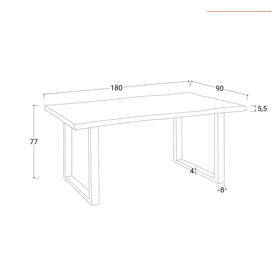 Tavolo 180x90 cm piano in legno di acacia 55 mm e gambe a U 8x4 in metallo nero - Freia Acacia