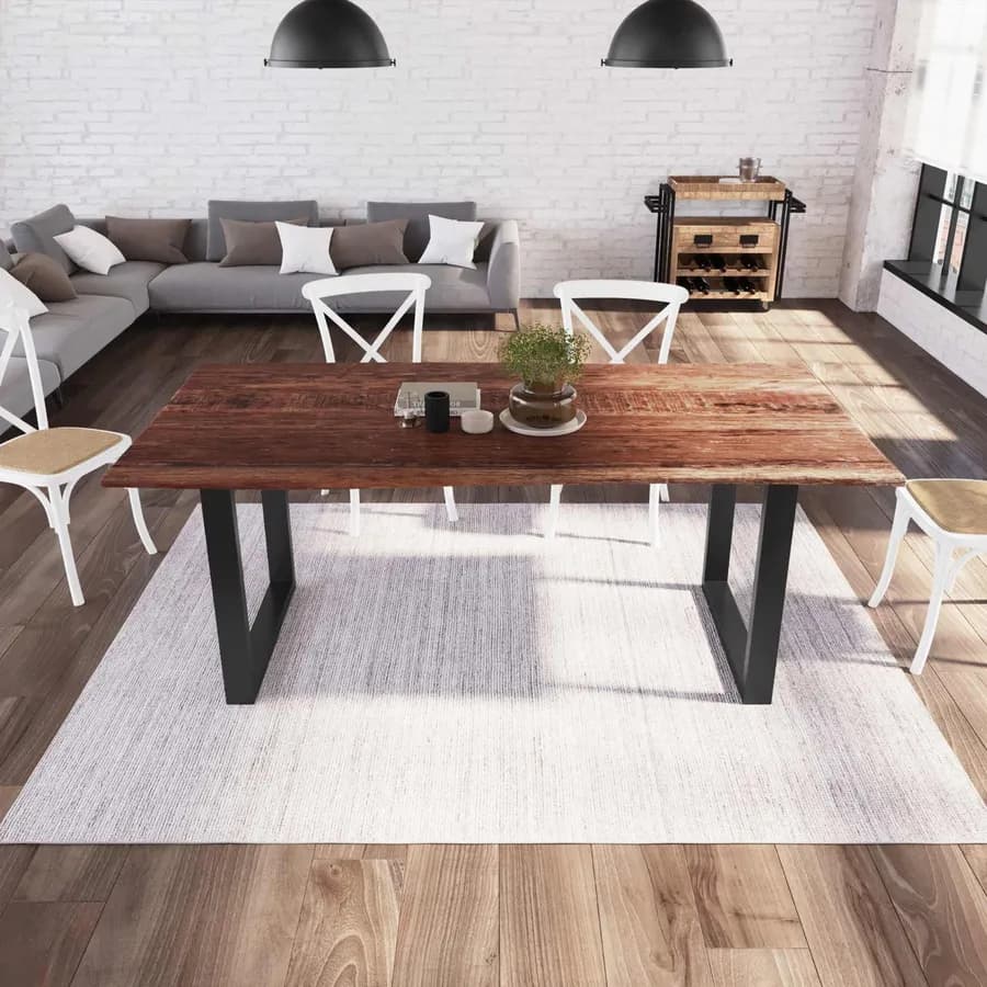 Tavolo 200x100 cm piano in legno di acacia 25 mm e gambe a U 8x4 in metallo nero - Freia Wood