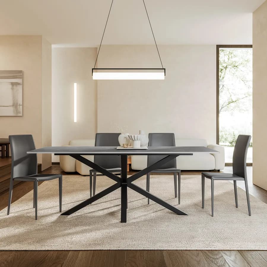 Tavolo da pranzo 200x90 cm top in pietra sinterizzata grigio opaco e gambe in metallo nero - Cifran