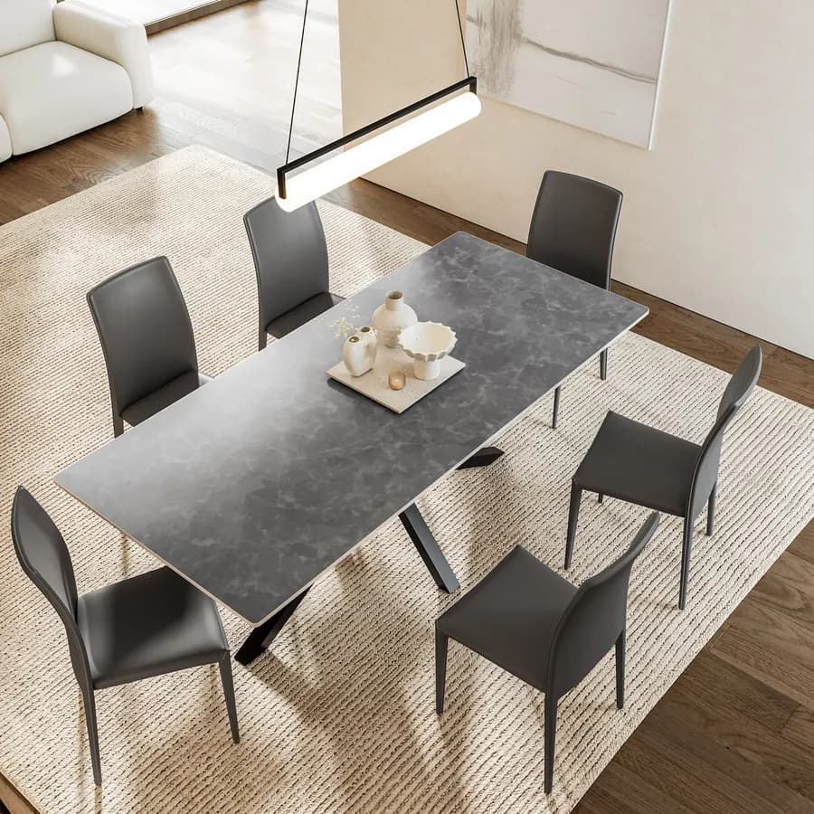 Tavolo da pranzo 200x90 cm top in pietra sinterizzata grigio opaco e gambe in metallo nero - Cifran