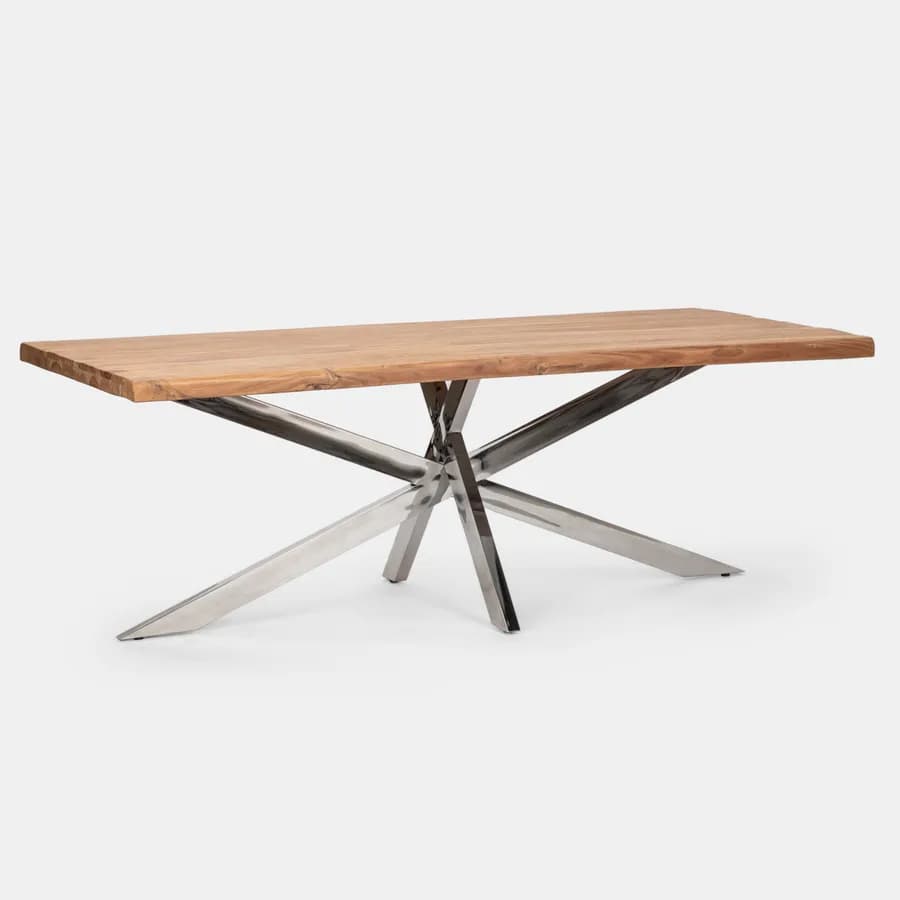 Tavolo 220x100 cm con top in legno di acacia da 55 mm e gambe a croce in metallo cromo - Freia Acacia