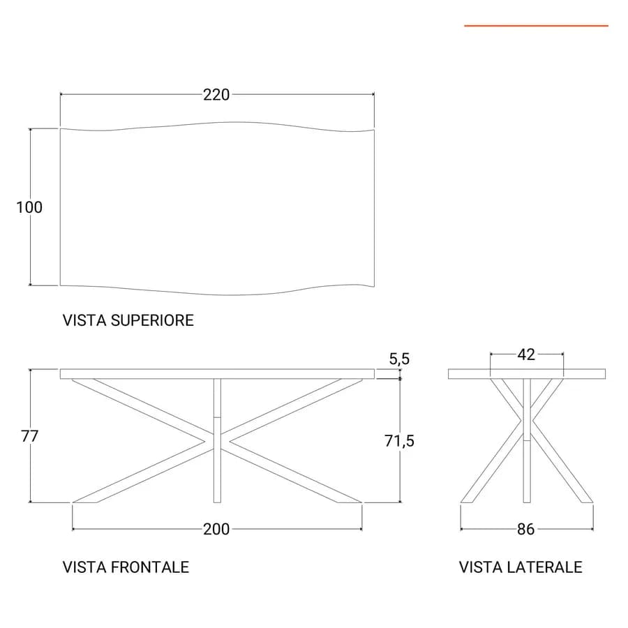 Tavolo 220x100 cm con top in legno di acacia da 55 mm e gambe a croce in metallo cromo - Freia Acacia