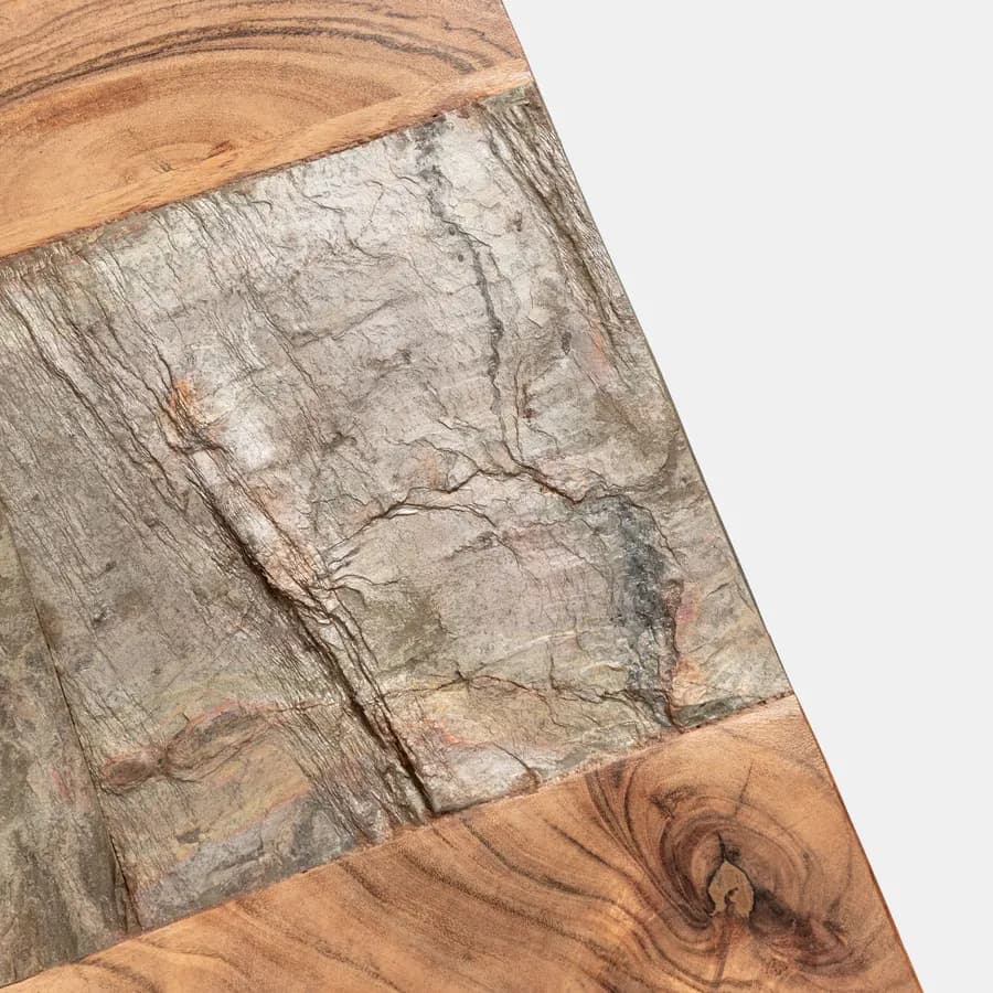 Tavolo da pranzo 220x100 top in legno di acacia 50mm con dettaglio effetto pietra e gambe in metallo nero - Mhalt
