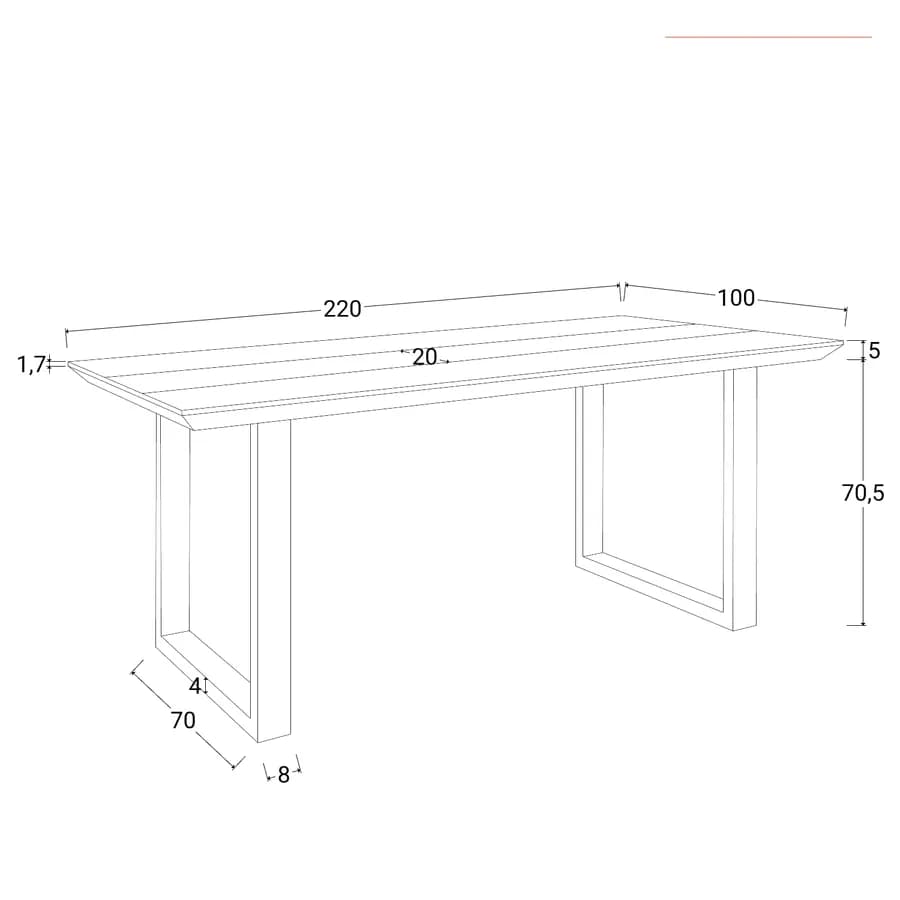 Tavolo da pranzo 220x100 top in legno di acacia 50mm con dettaglio effetto pietra e gambe in metallo nero - Mhalt