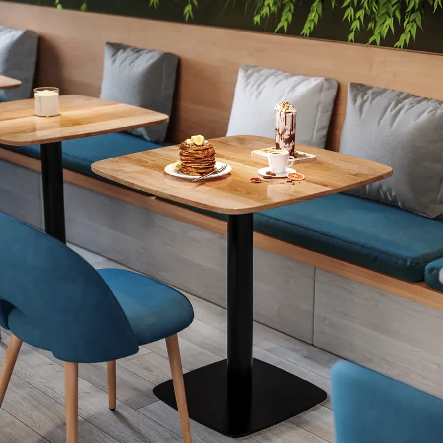 Tavolo da pranzo 60x60 cm top effetto rovere scuro con bordi arrotondati e base in metallo nero - Caio Round