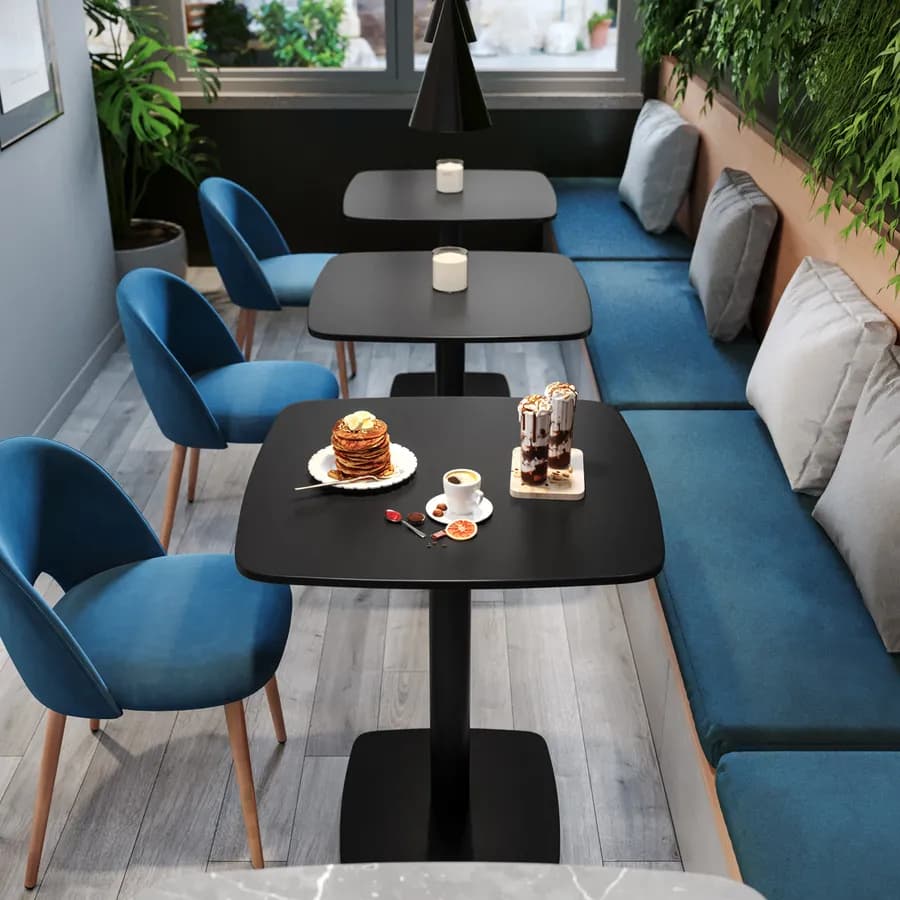 Tavolo da pranzo 60x60 cm top nero con bordi arrotondati e base in metallo nero - Caio Round