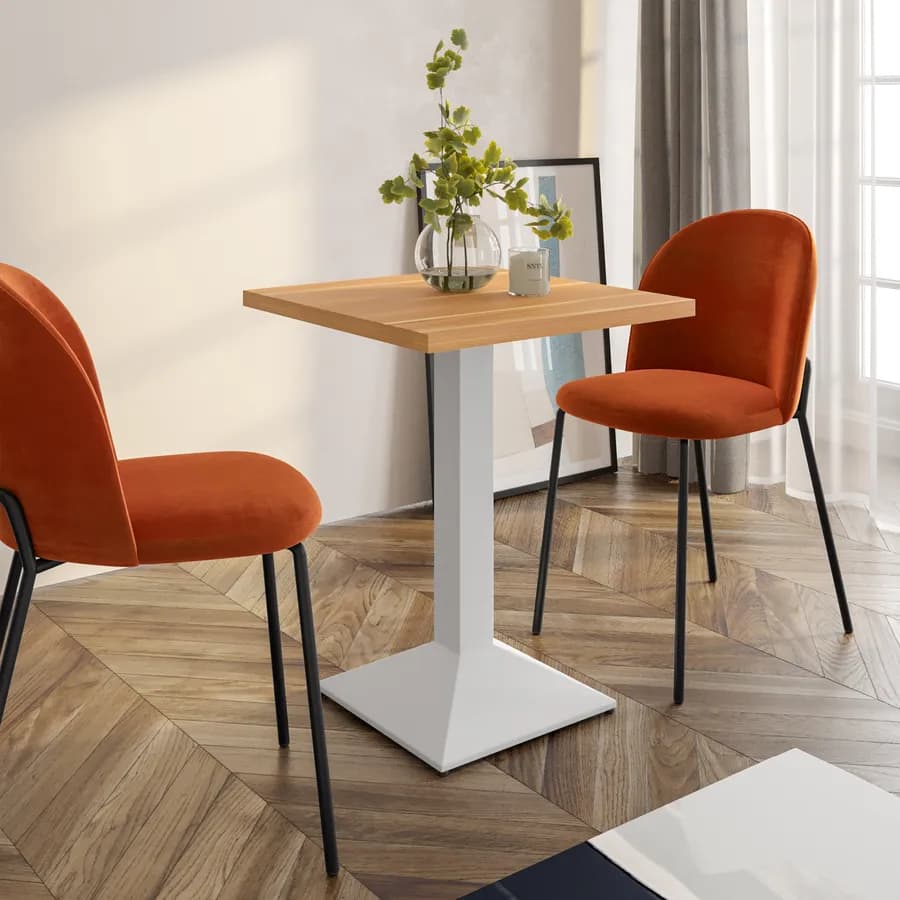 Tavolo da pranzo 70x70 cm con top effetto rovere da 30 mm e base in metallo bianco - Caio