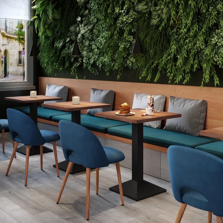 Tavolo da pranzo 70x70 cm con top effetto rovere scuro da 30 mm e base in metallo nero - Caio
