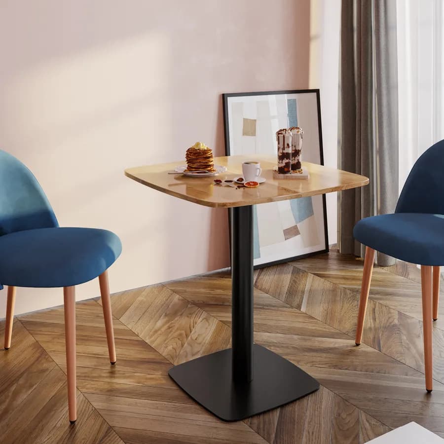 Tavolo da pranzo 70x70 cm top effetto rovere con bordi arrotondati e base in metallo nero - Caio Round