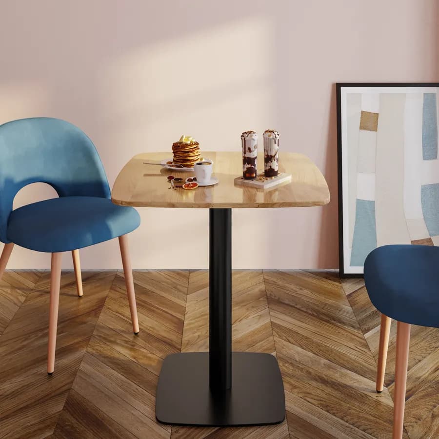 Tavolo da pranzo 70x70 cm top effetto rovere con bordi arrotondati e base in metallo nero - Caio Round
