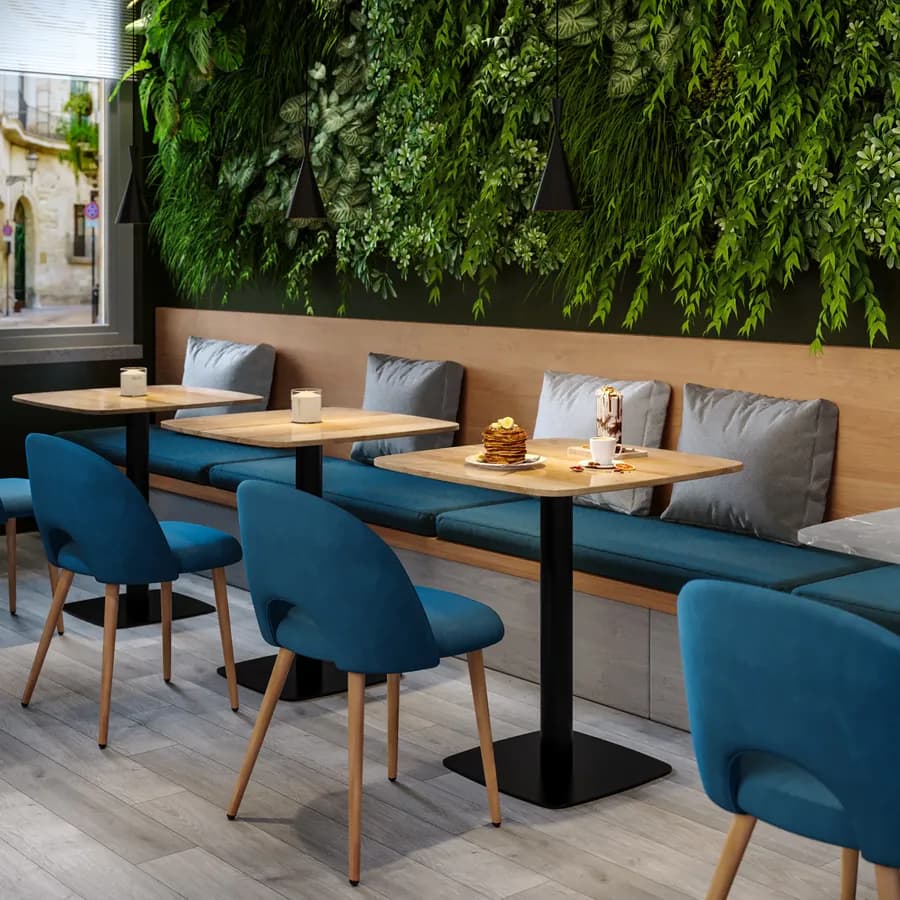 Tavolo da pranzo 70x70 cm top effetto rovere con bordi arrotondati e base in metallo nero - Caio Round