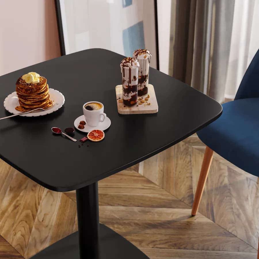 Tavolo da pranzo 70x70 cm top nero con bordi arrotondati e base in metallo nero - Caio Round