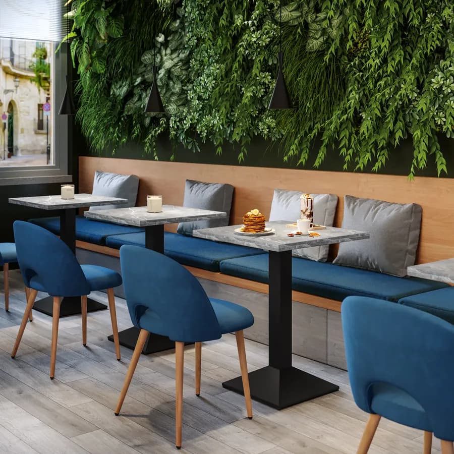 Tavolo da pranzo 80x80 cm con top effetto marmo grigio da 30 mm e base in metallo nero - Caio