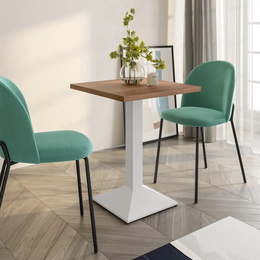 Tavolo da pranzo 80x80 cm con top effetto rovere scuro e base in metallo bianco - Caio
