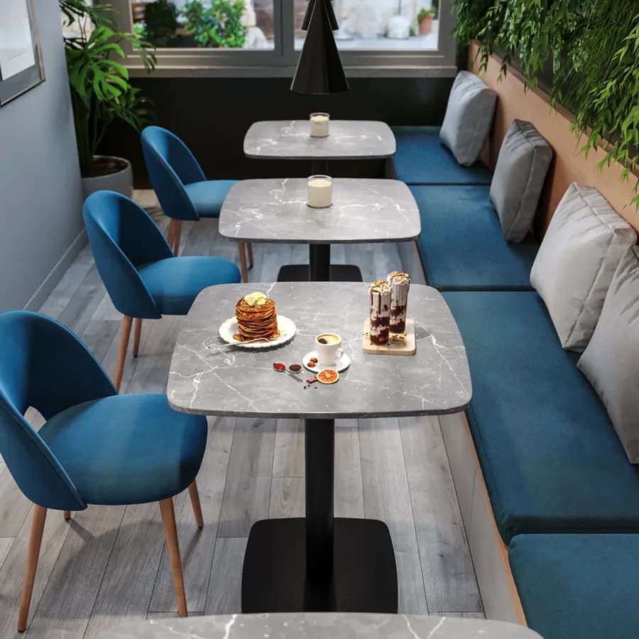 Tavolo da pranzo 80x80 cm top effetto marmo grigio con bordi arrotondati e base in metallo nero - Caio Round