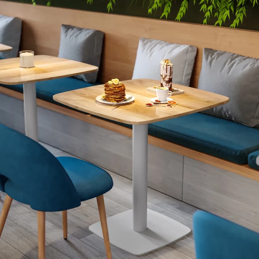 Tavolo da pranzo 80x80 cm top effetto rovere con bordi arrotondati e base in metallo bianco - Caio Round