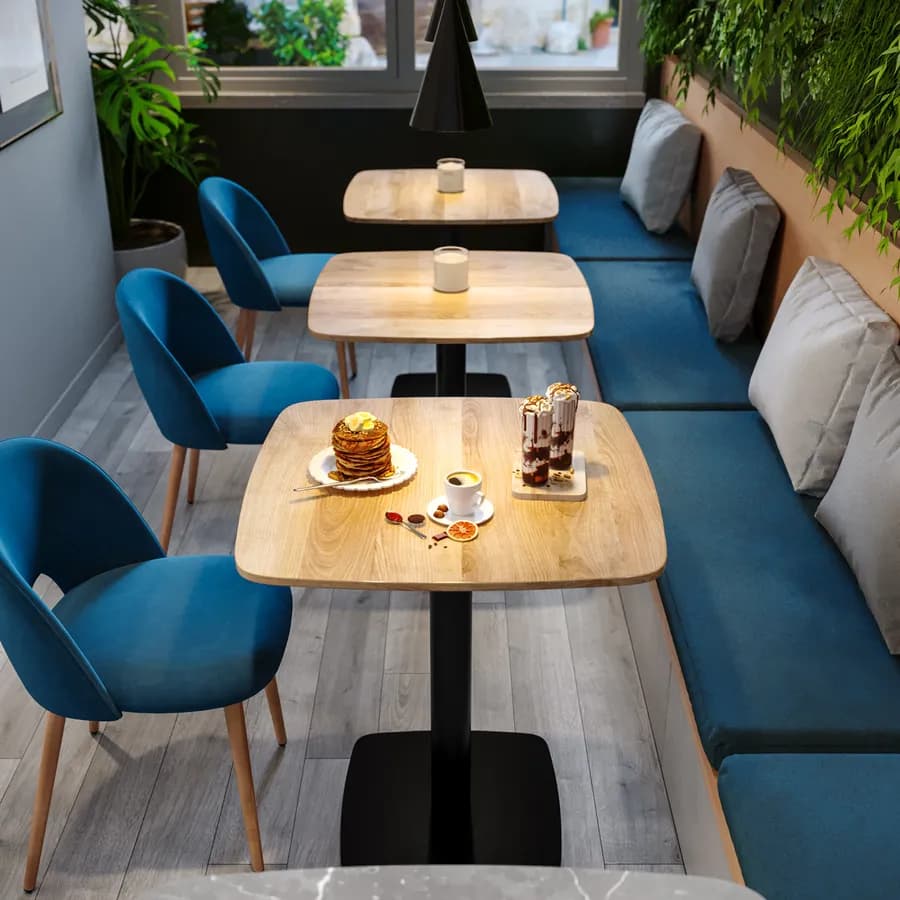 Tavolo da pranzo 80x80 cm top effetto rovere con bordi arrotondati e base in metallo nero - Caio Round