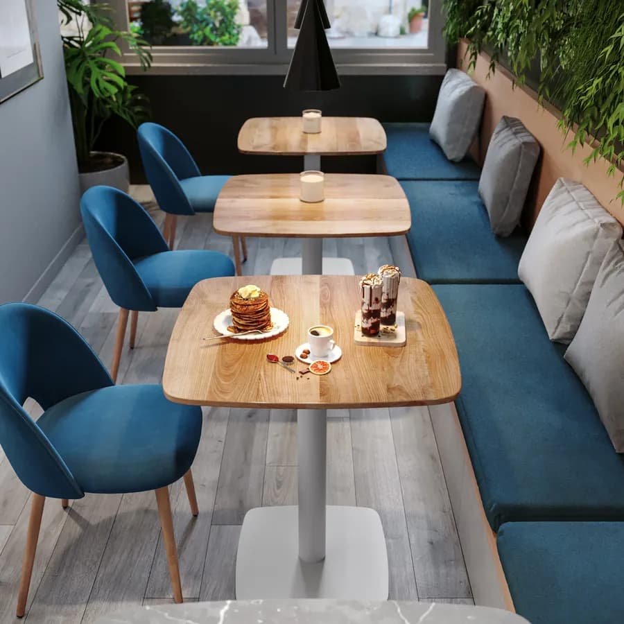 Tavolo da pranzo 80x80 cm top effetto rovere scuro con bordi arrotondati e base in metallo bianco - Caio Round