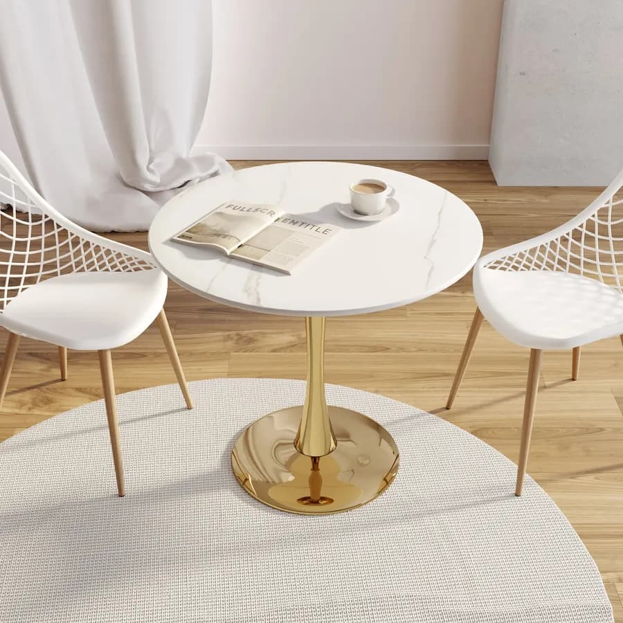 Tavolo da pranzo rotondo 80 cm con top in ceramica effetto marmo bianco e struttura oro - Tulipano