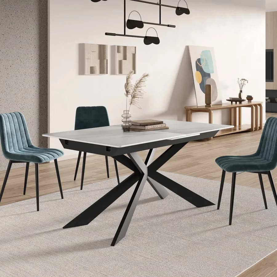 Tavolo allungabile 160-200x90 cm top in ceramica bianco effetto marmo con gambe in metallo nero - Augusto