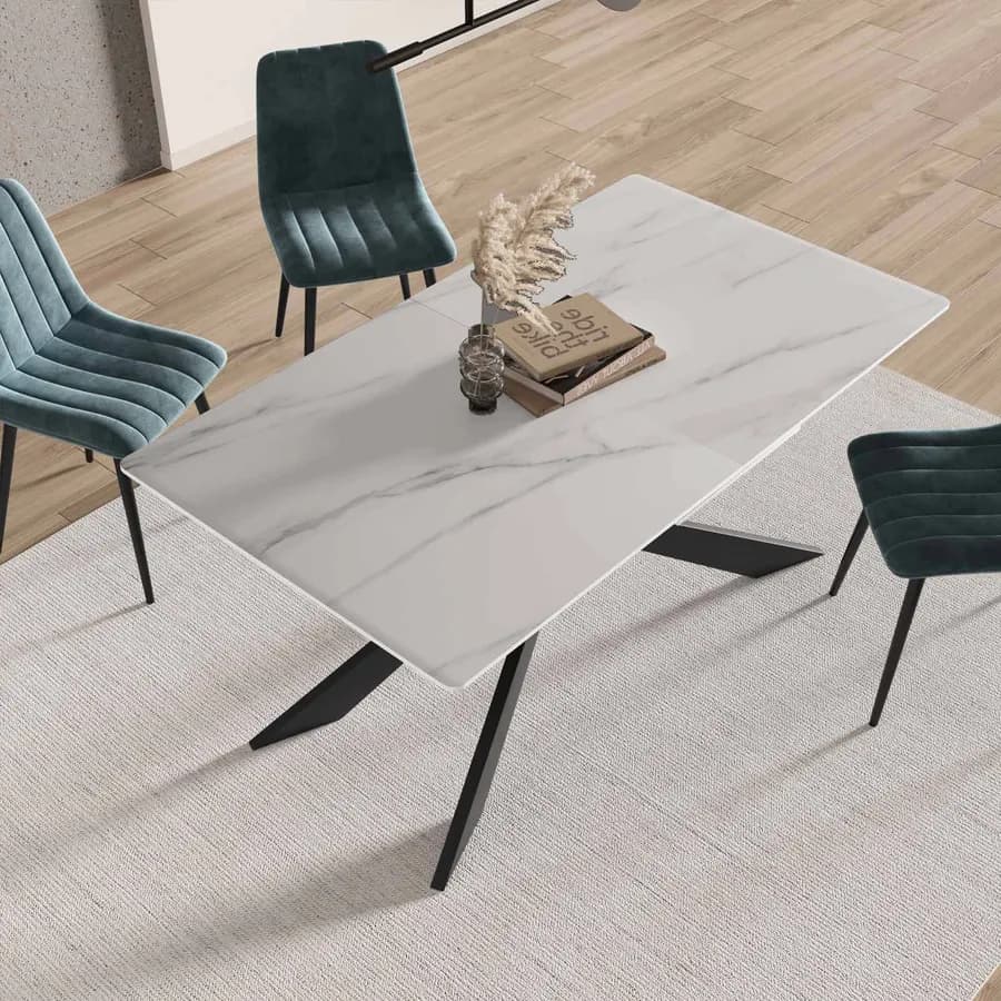 Tavolo allungabile 160-200x90 cm top in ceramica bianco effetto marmo con gambe in metallo nero - Augusto