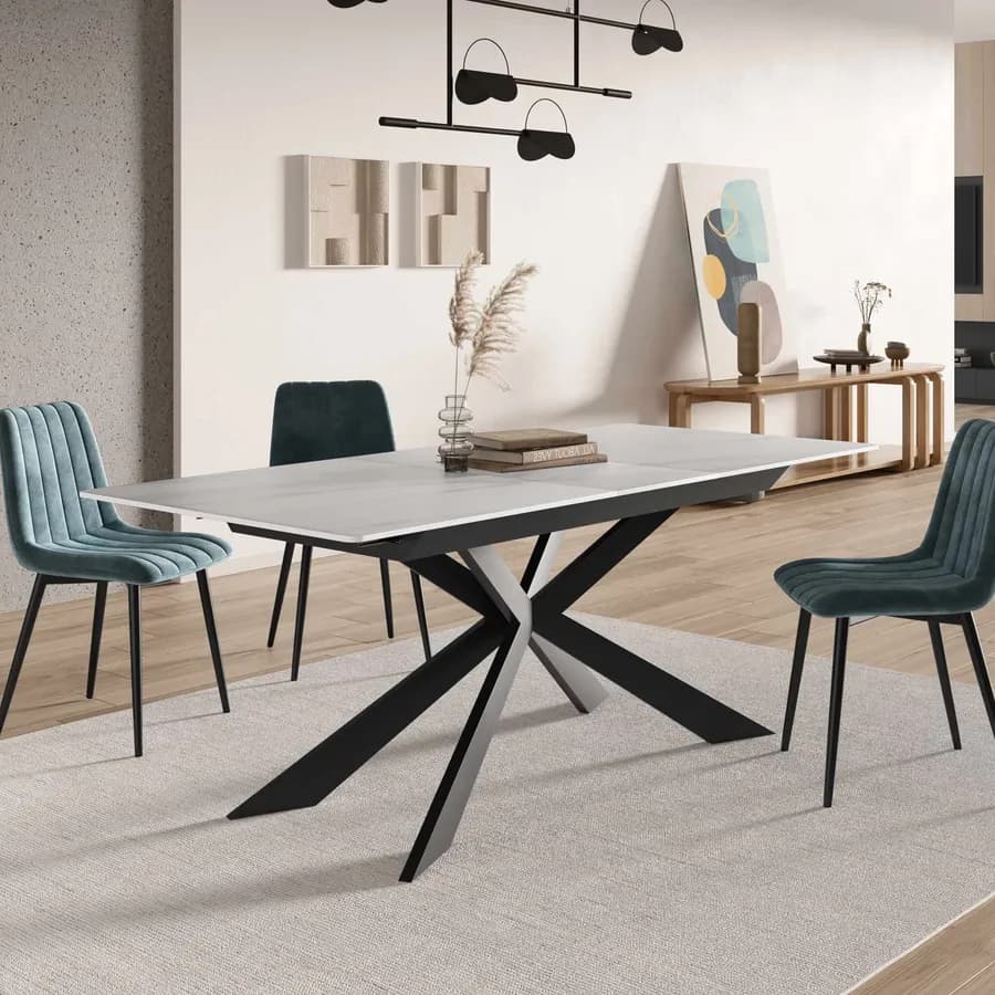Tavolo allungabile 160-200x90 cm top in ceramica bianco effetto marmo con gambe in metallo nero - Augusto