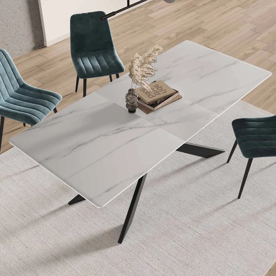 Tavolo allungabile 160-200x90 cm top in ceramica bianco effetto marmo con gambe in metallo nero - Augusto
