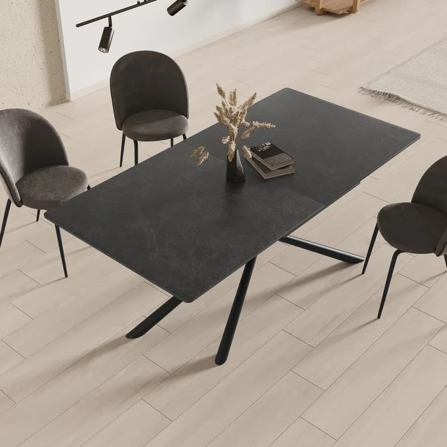 Tavolo allungabile 180-240x90 cm con top in ceramica antracite e gambe in metallo nero - Augusto