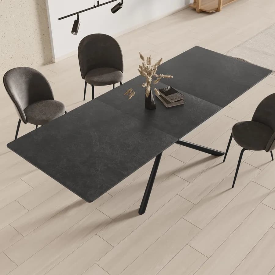 Tavolo allungabile 180-240x90 cm con top in ceramica antracite e gambe in metallo nero - Augusto