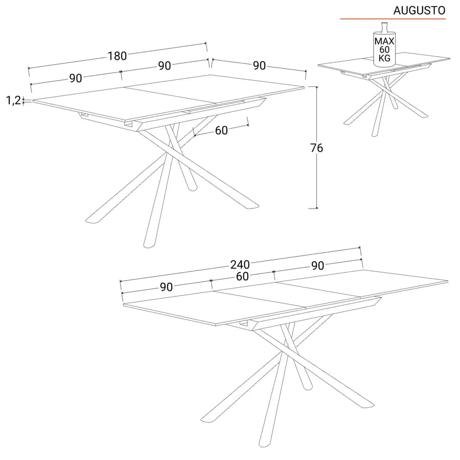 Tavolo allungabile 180-240x90 cm con top in ceramica antracite e gambe in metallo nero - Augusto