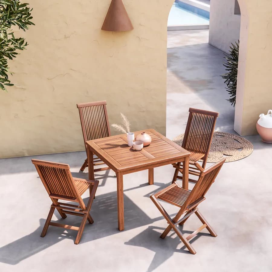 Set pranzo tavolo 90x90 cm e 4 sedie pieghevoli in legno teak - Louis