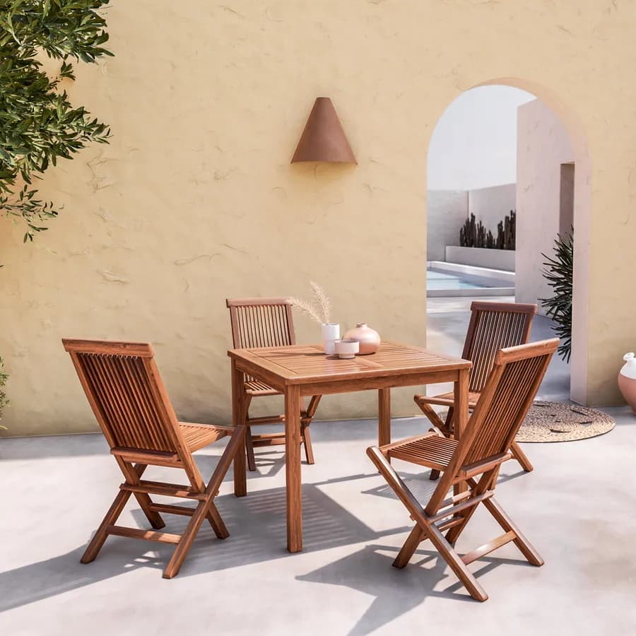 Set pranzo tavolo 90x90 cm e 4 sedie pieghevoli in legno teak - Louis