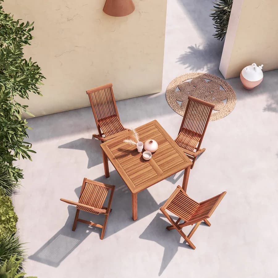 Set pranzo tavolo 90x90 cm e 4 sedie pieghevoli in legno teak - Louis