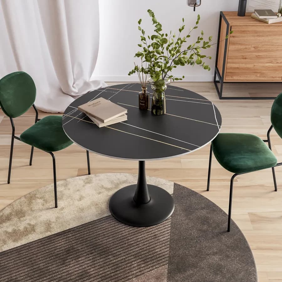 Tavolo rotondo 100 cm con top in ceramica effetto marmo e struttura in metallo nero - Tulipano