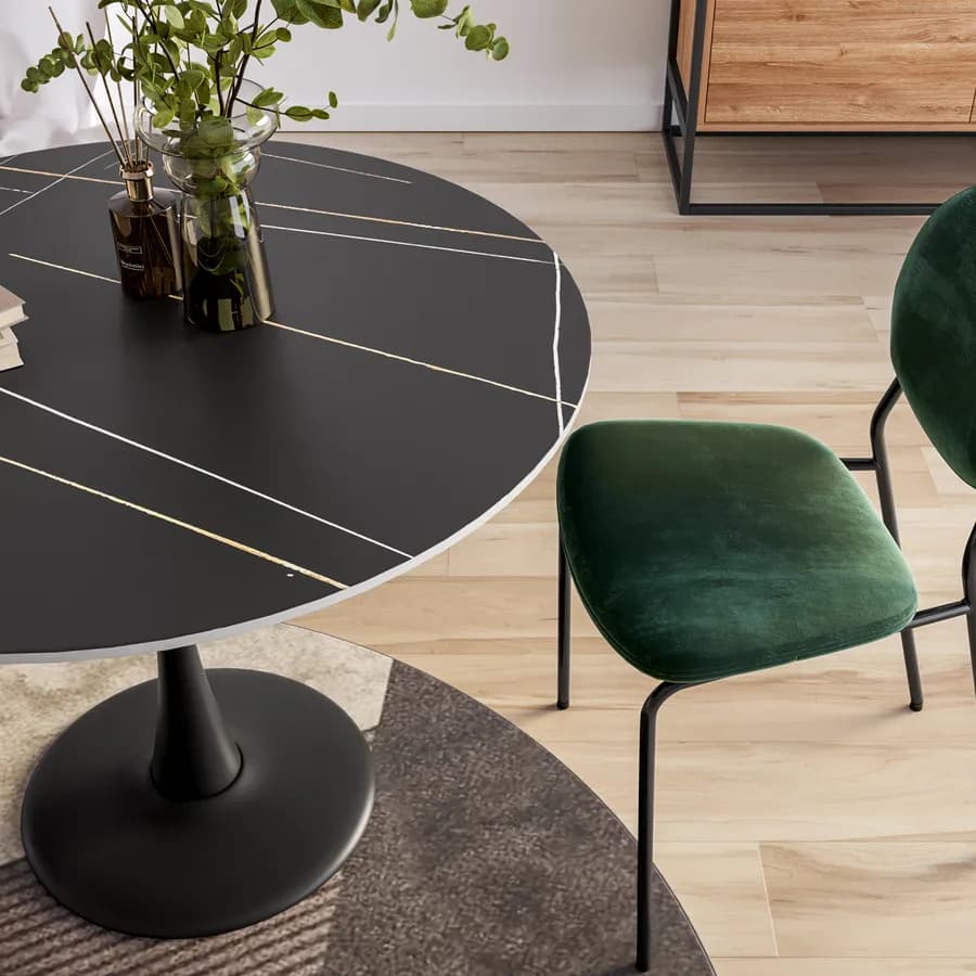 Tavolo rotondo 100 cm con top in ceramica effetto marmo e struttura in metallo nero - Tulipano