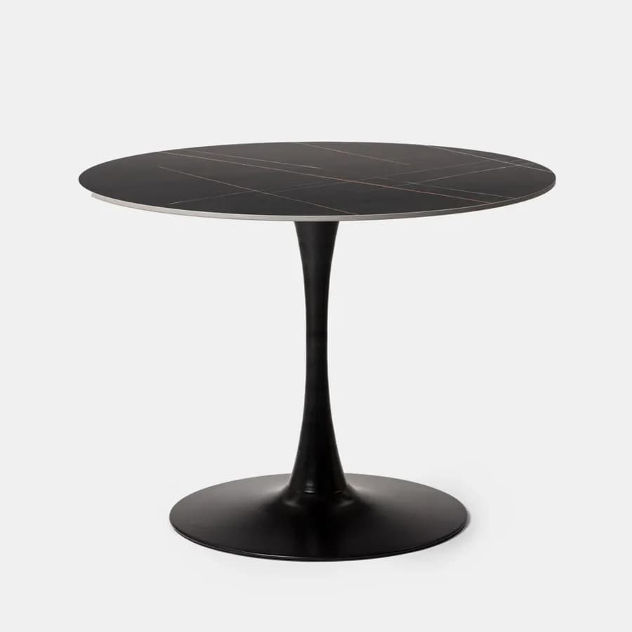 Tavolo rotondo 100 cm con top in ceramica effetto marmo e struttura in metallo nero - Tulipano