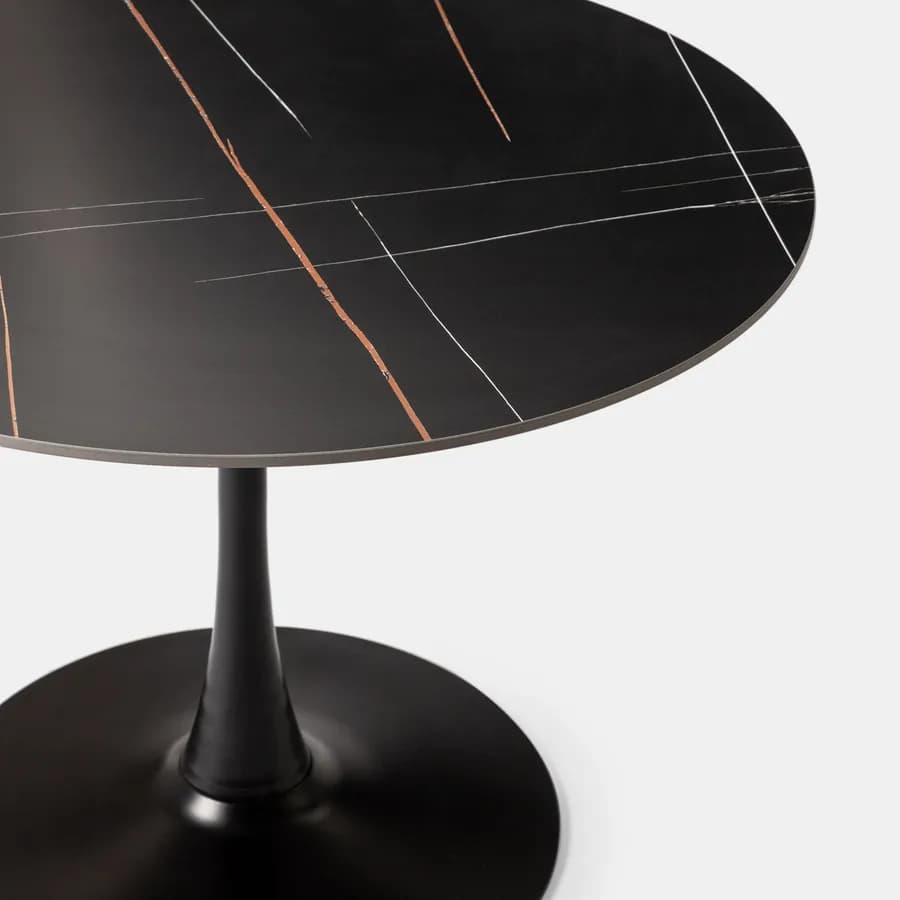 Tavolo rotondo 100 cm con top in ceramica effetto marmo e struttura in metallo nero - Tulipano