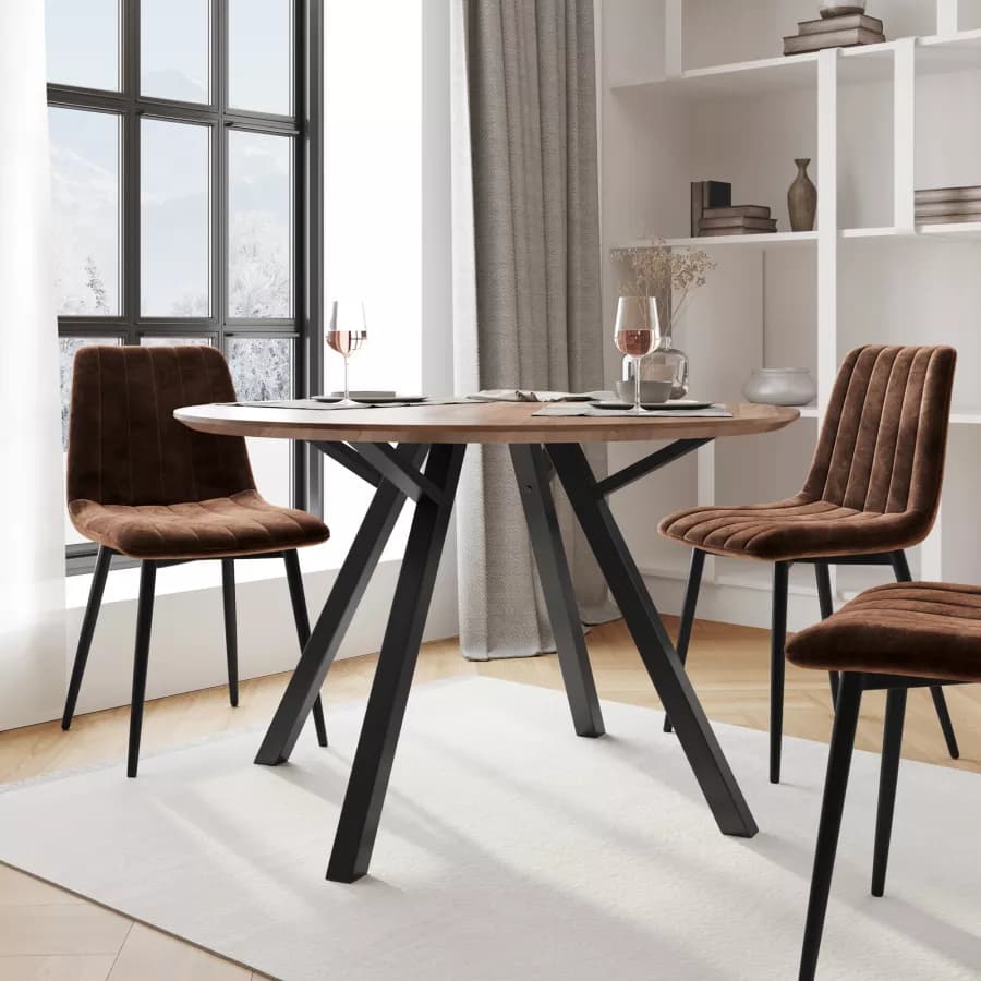 Tavolo da pranzo rotondo 120 cm con piano in legno rovere quercia e gambe nere - Manty
