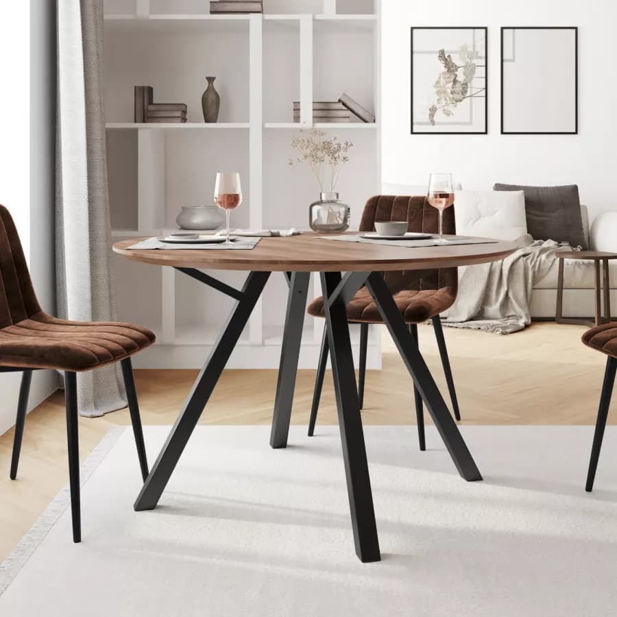 Tavolo da pranzo rotondo 120 cm con piano in legno rovere quercia e gambe nere - Manty