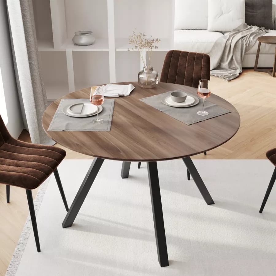 Tavolo da pranzo rotondo 120 cm con piano in legno rovere quercia e gambe nere - Manty